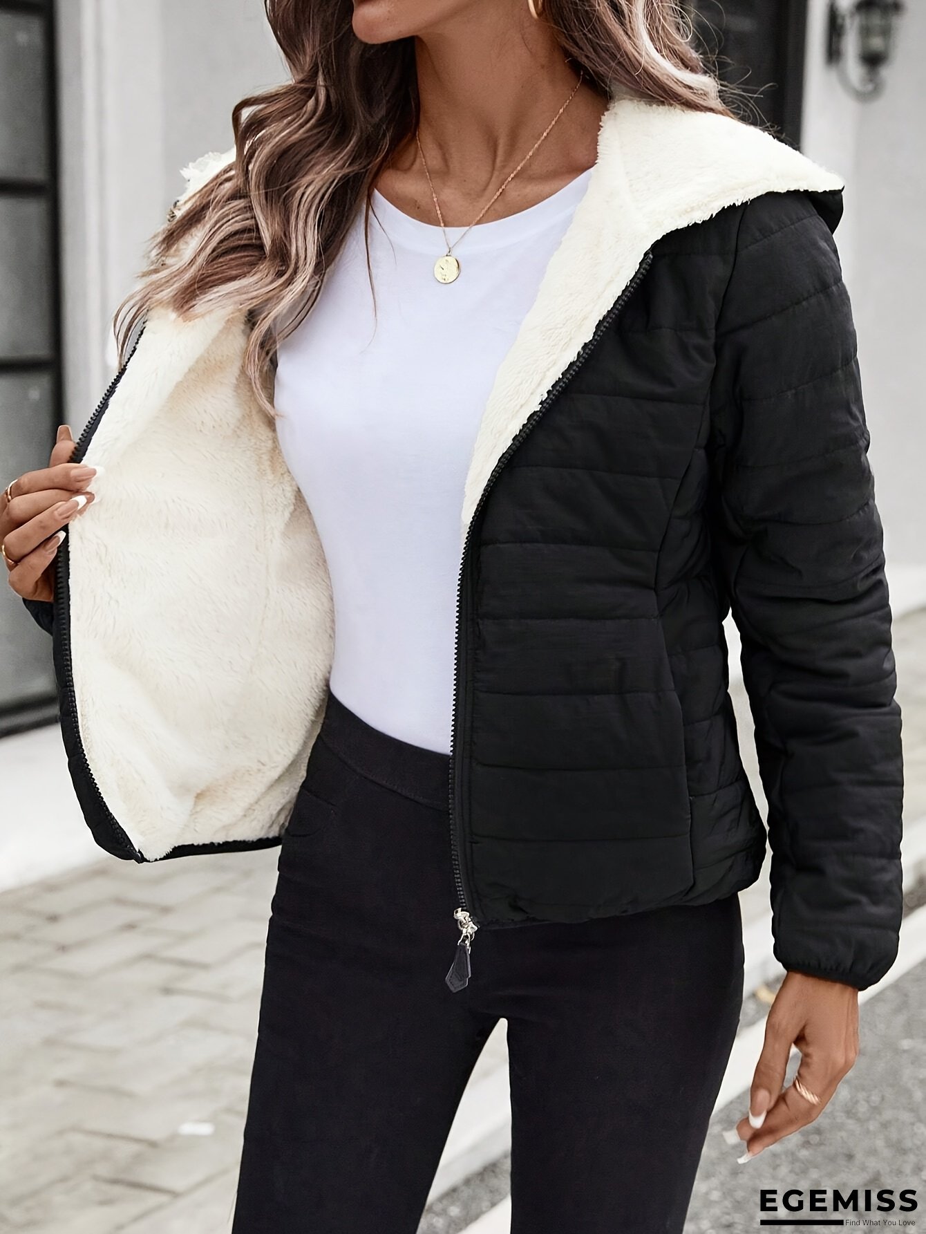 Women&lsquo;s Lightweight Winter Coat - Full-Zip Outerwear Jacket, Warm Cold Weather Jacket for Everyday & Formal Events, Easy-Care Women&lsquo;s Outerwear, Seasonal Fashion, Street Style, Durable Construction, Hooded Puffer Jacket, Fleece-Lined Coat with Pockets | EGEMISS