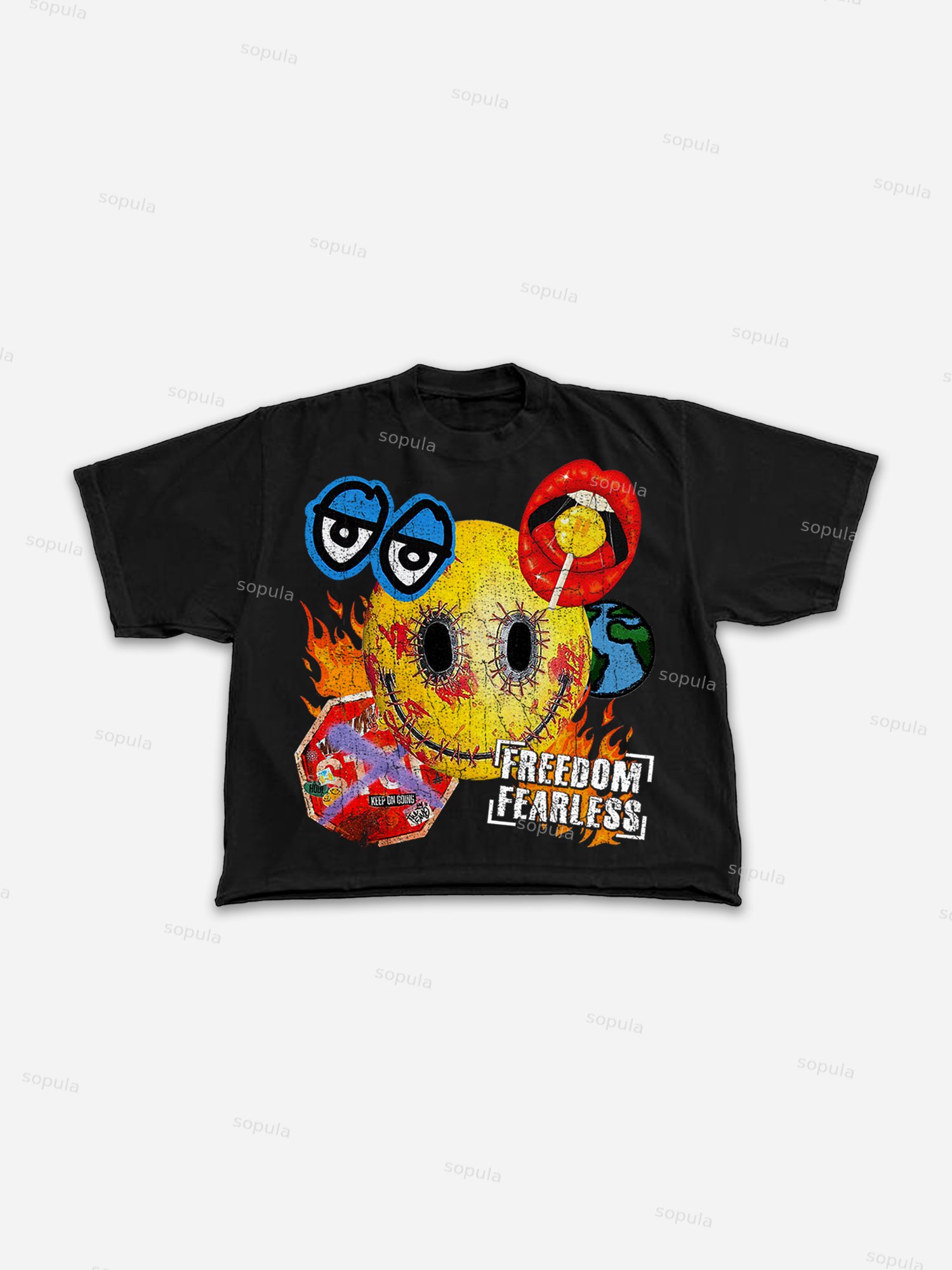 Smiley Face Graffiti Fearless Print Cropped T-shirt