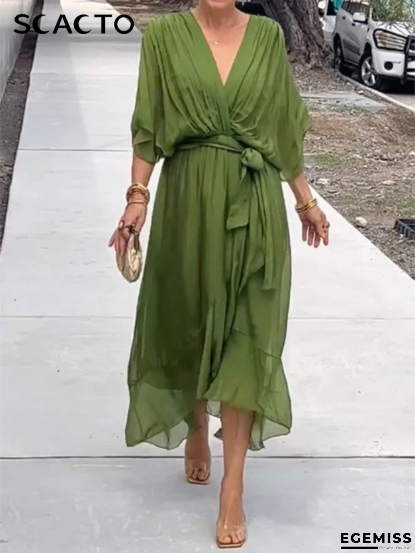 Scacto 2025 Women's Spring/Summer New Arrival, Solid Color Tie Long Dress With Batwing Sleeve Fancy Dresses For Women Wedding | EGEMISS