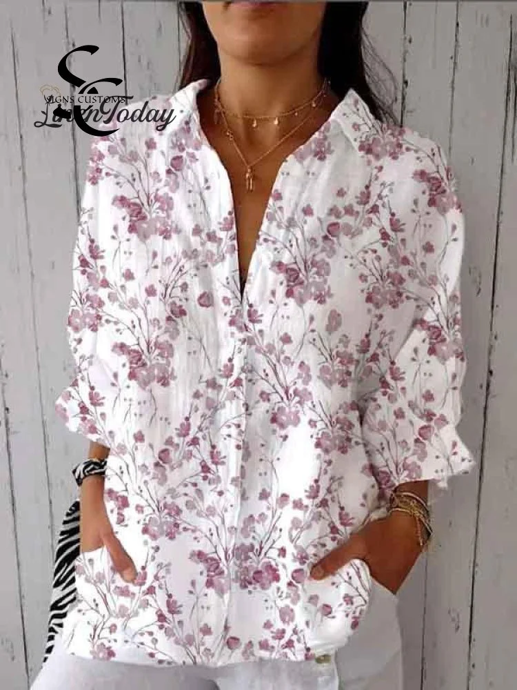 Women's Purple Watercolor Small Floral Print Casual Linen V-neck Shirt