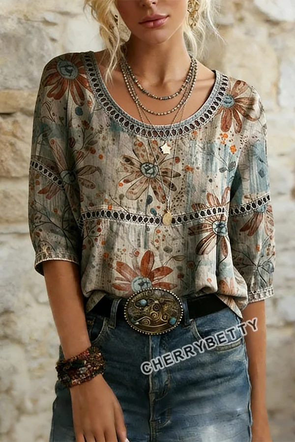 Vintage Floral Print Hollow Out Top