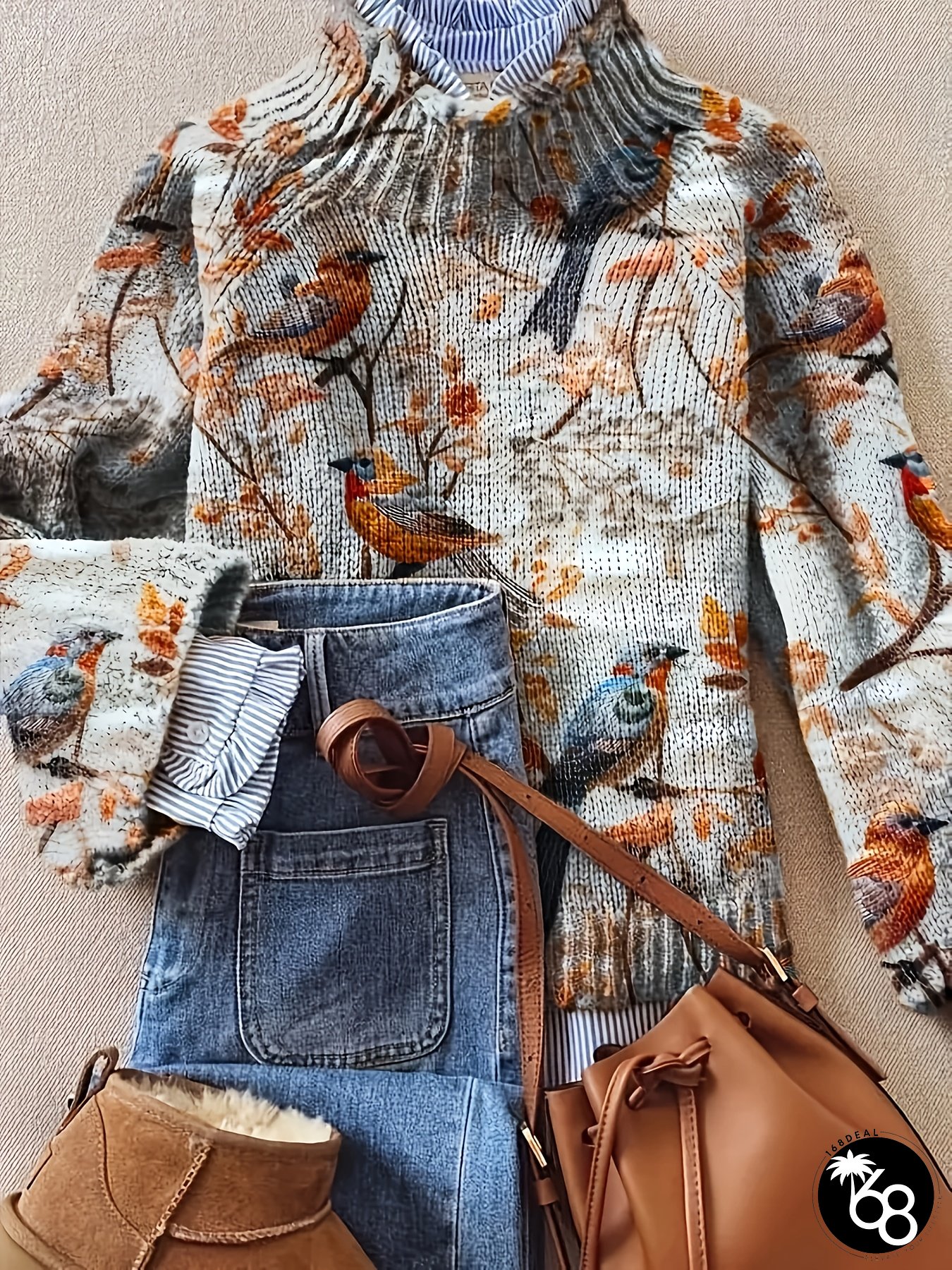 European and American Retro Floral Bird Print Sweater High Collar Artistic Top Forest | 168DEAL