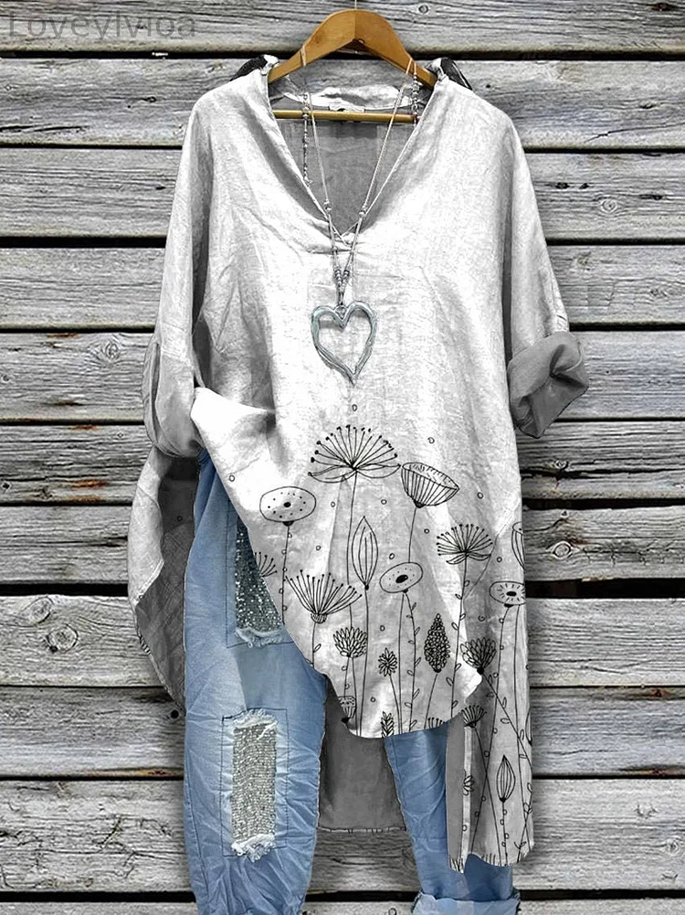 Women‘s Spring Simple Flowers Pattern Print Casual Cotton And Linen Shirtdress