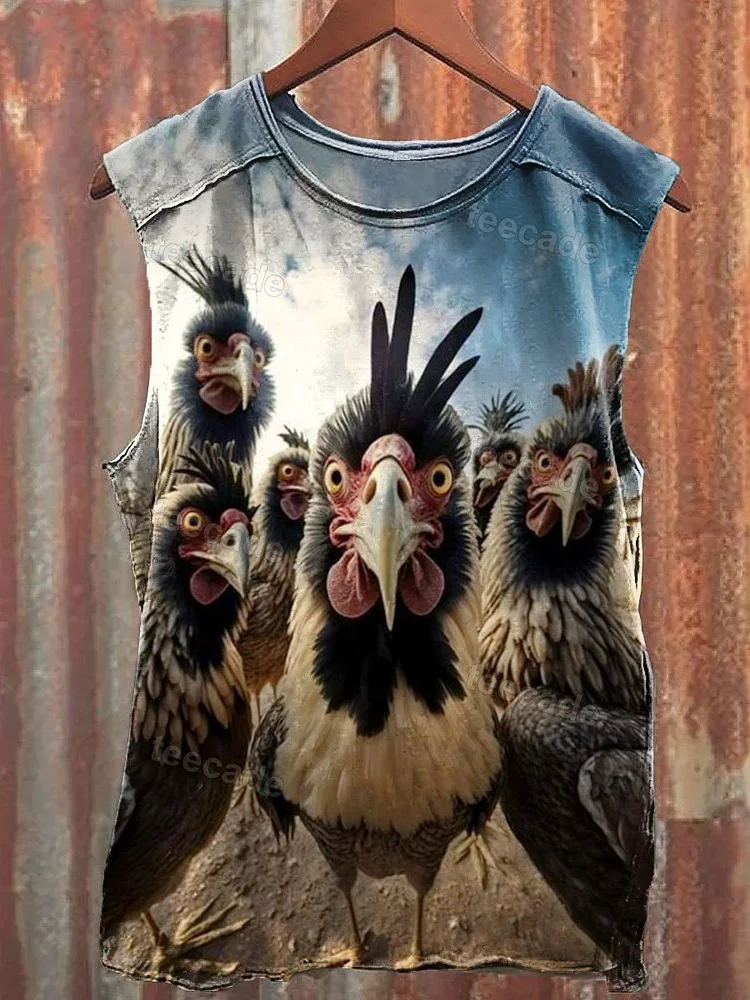 Teecade Teecade Vintage Funny Farm Chicken Art Print Casual Shirt Tee