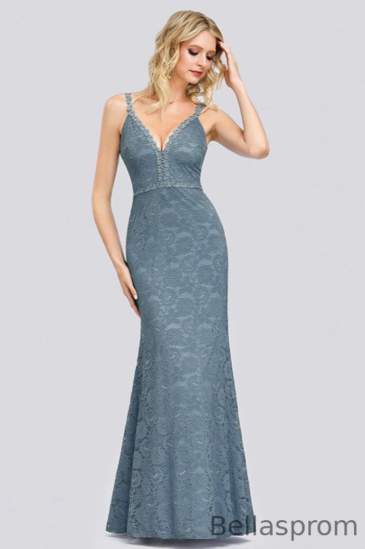 Bellasprom Dusty Blue Sleeveless Prom Dress Long Lace Evening Gowns On Sale V-Neck Bellasprom