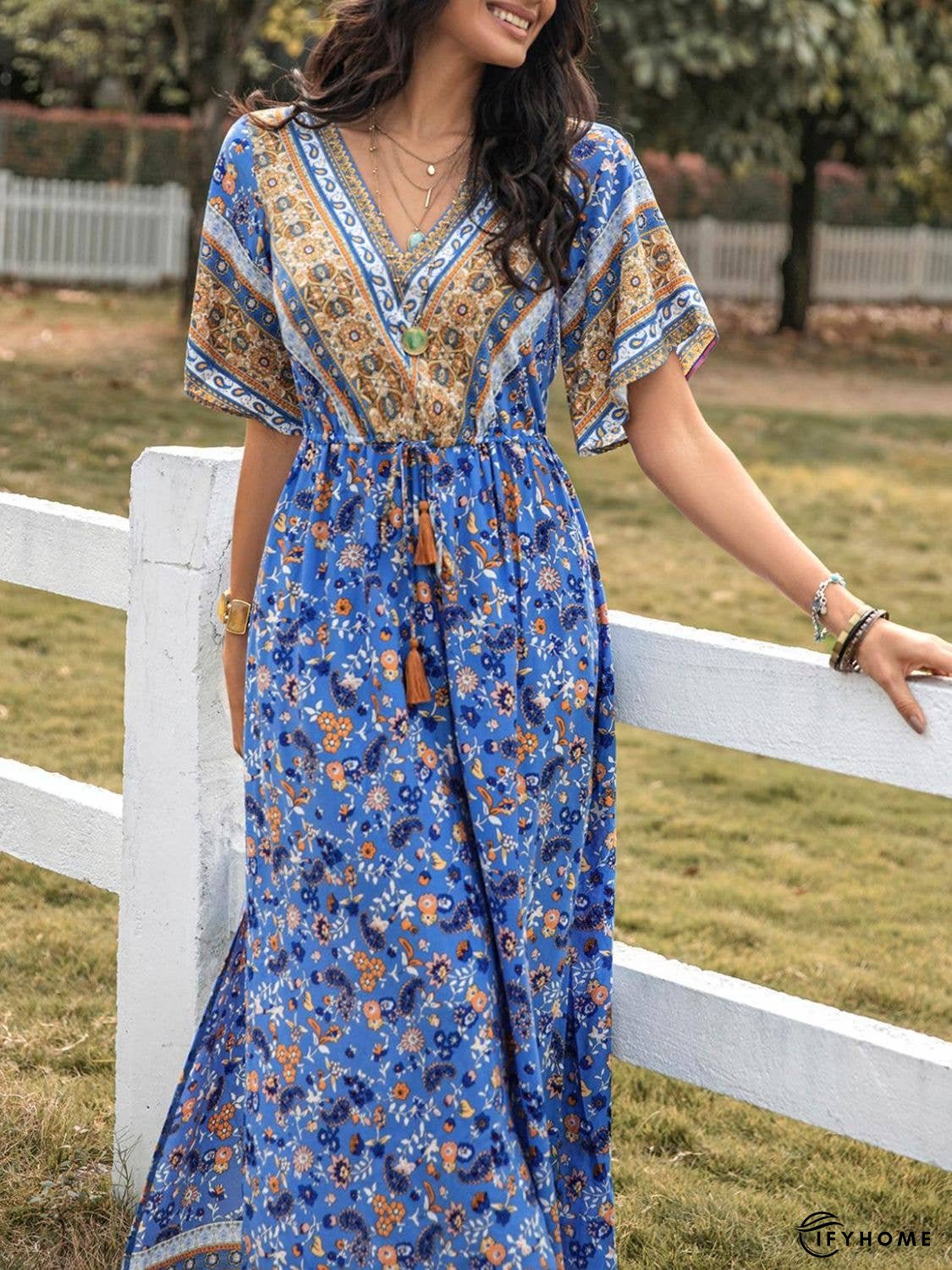 Slit Printed V-Neck Half Sleeve Maxi Dress | IFYHOME