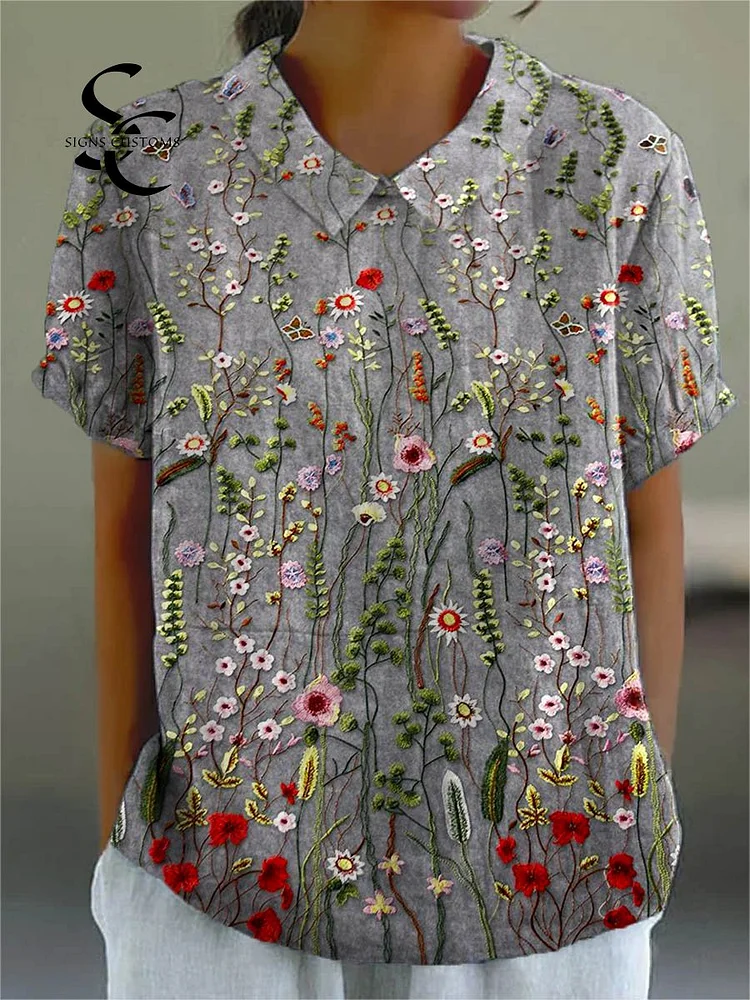 Women's Vintage Floral Pattern Art Print Casual Cotton And Linen Shirt