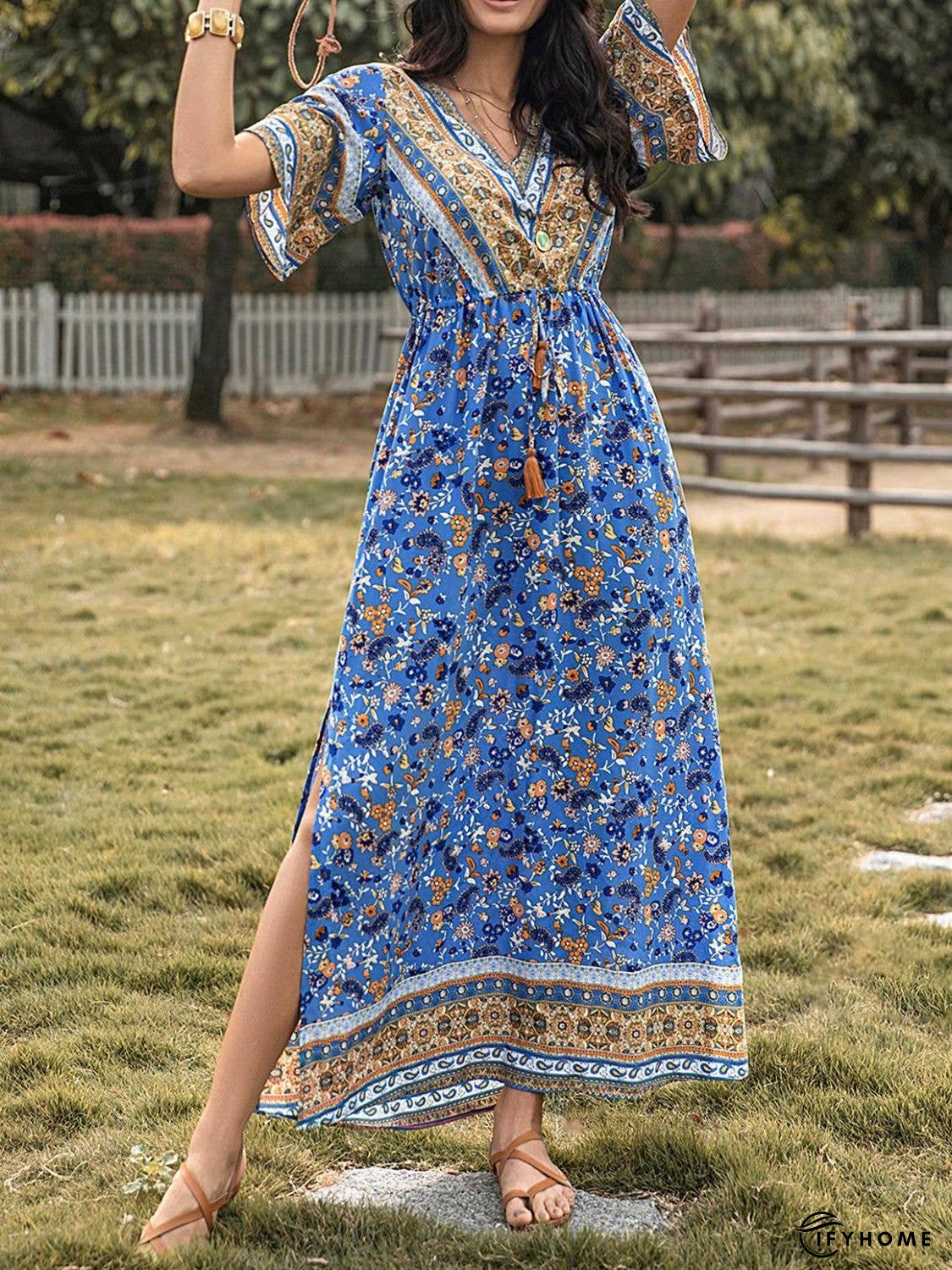 Slit Printed V-Neck Half Sleeve Maxi Dress | IFYHOME