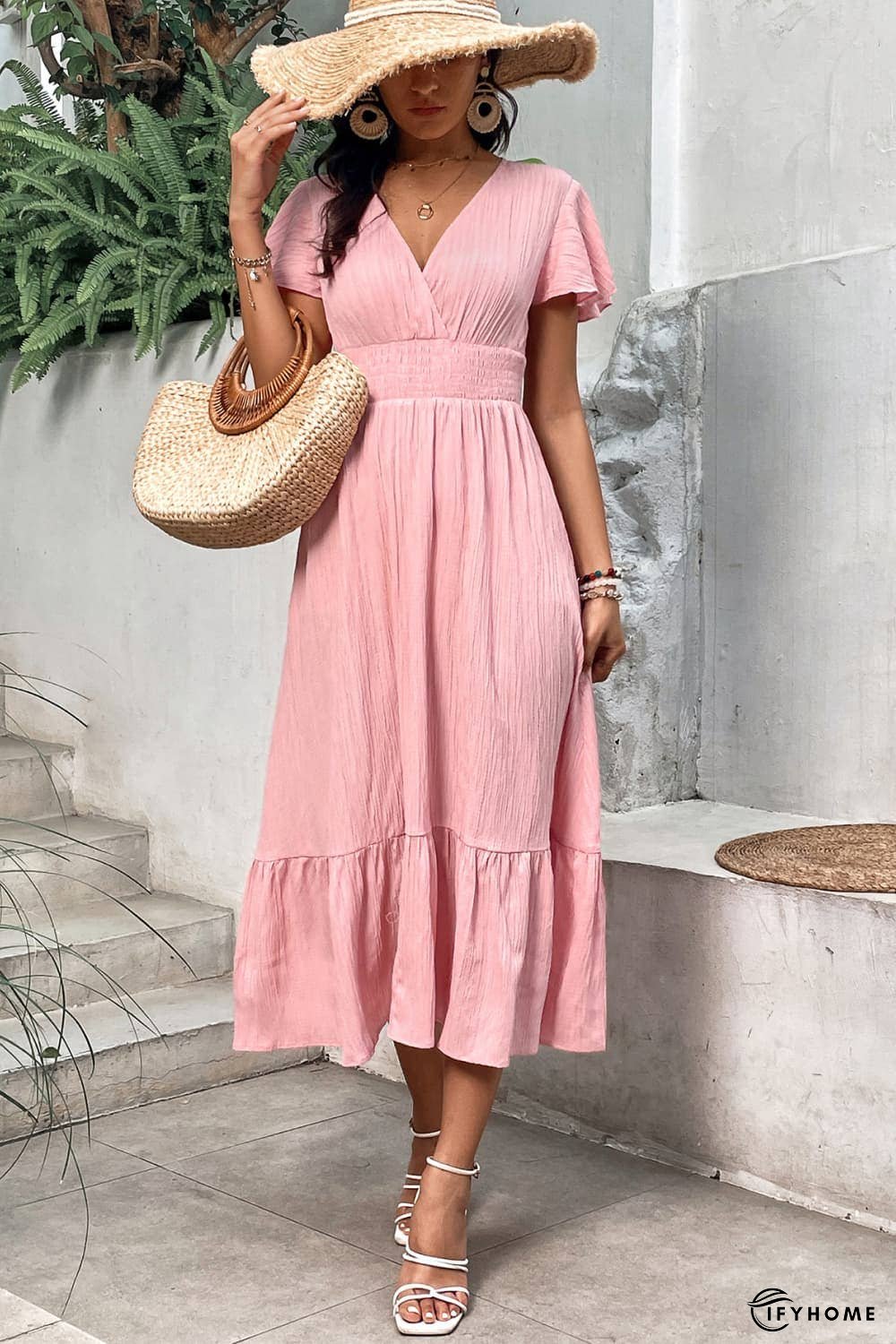 Surplice Neck Smocked Waist Flutter Sleeve Dress | IFYHOME