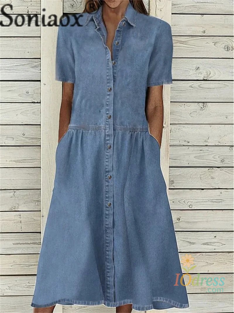 IO Dress Elegant Solid Color Short Sleeve Denim Dress Summer Lapel Single-breasted Splice Dressy Female Comfortable Commuter Casual Gown