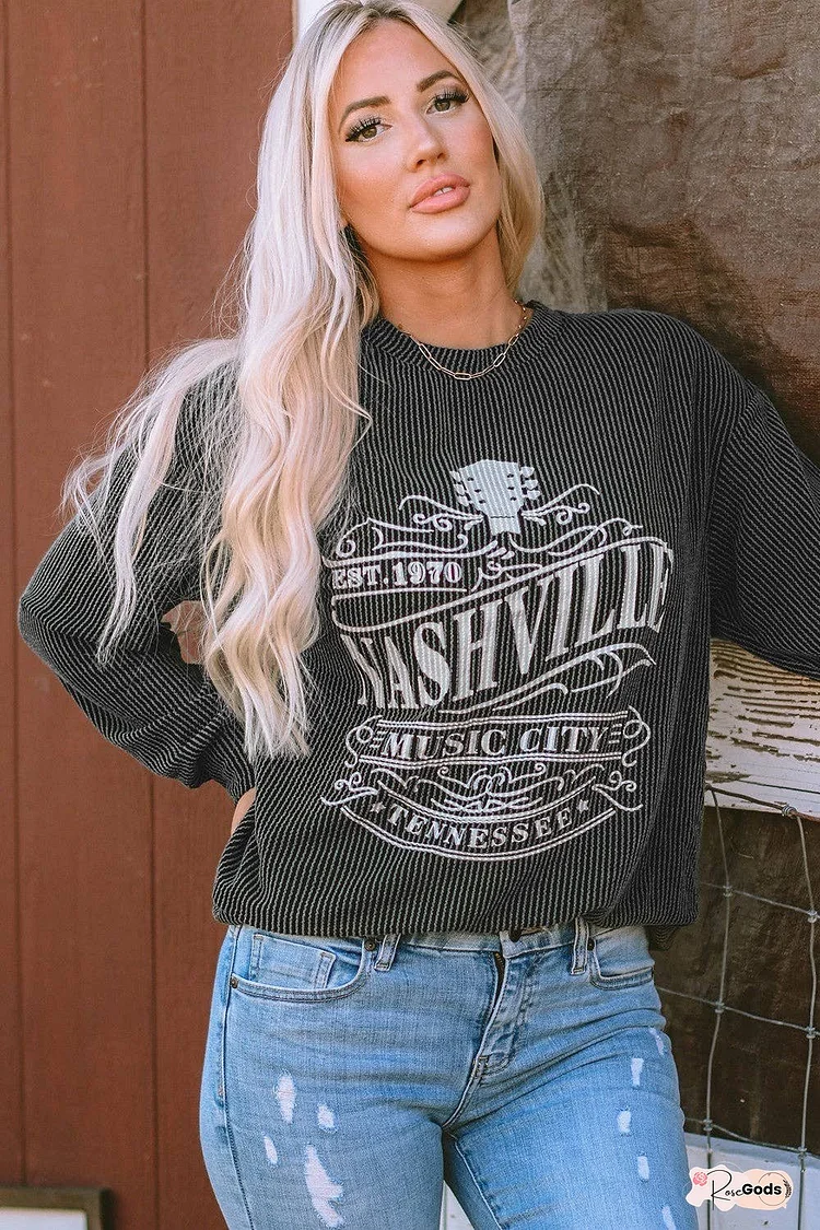 Ribbed Round Neck Long Sleeve Graphic Sweatshirt