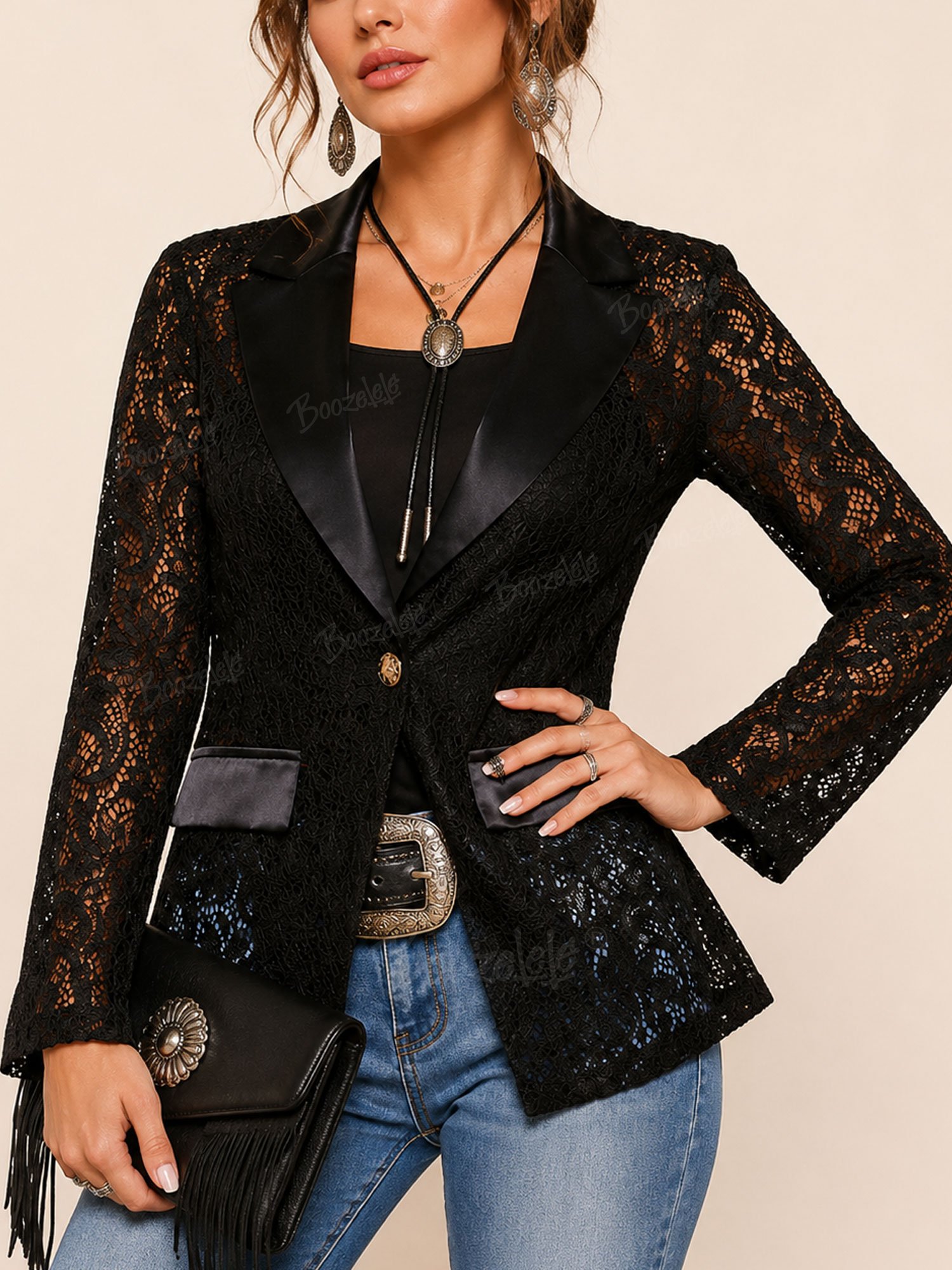 Effortless Boho Style &mdash; Black Sheer Corded Lace Blazer Jacket