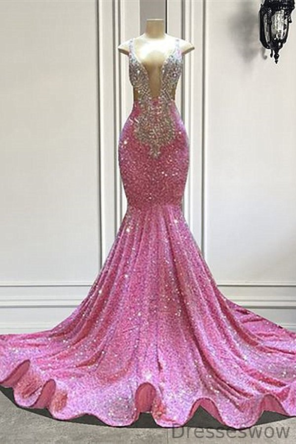 Dresseswow Pink Sleeveless Prom Dress Mermaid Sequins With Crystals