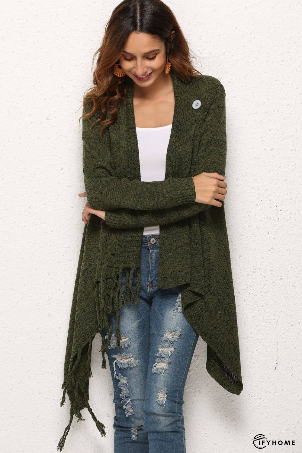 One-Button Tassel Tie Asymmetrical Hem Cardigan | IFYHOME