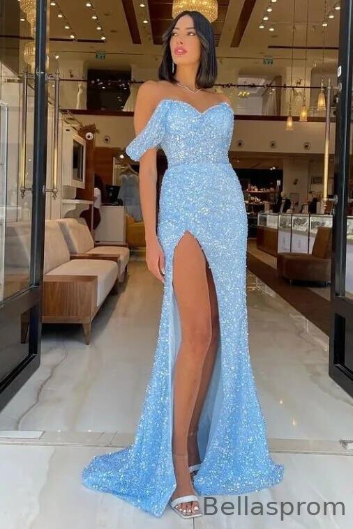 Bellasprom Off-the-Shoulder Sky Blue Prom Dress Sequins Long With Slit Bellasprom