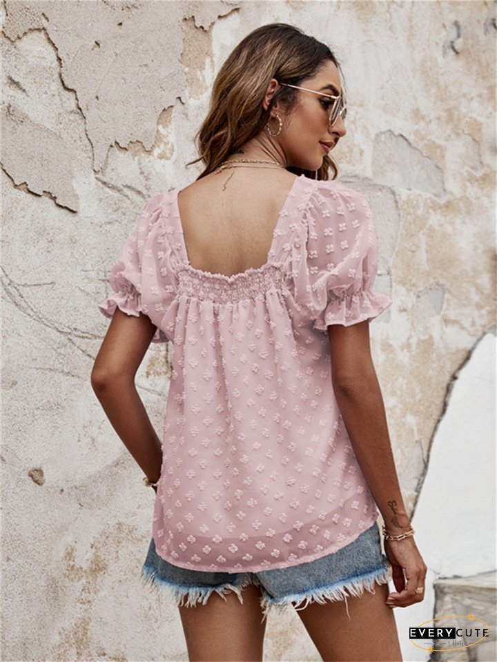 Women's Tops Summer Pump Pleated Bubble Sleeve Double Short Square Neck Chiffon Shirt Women