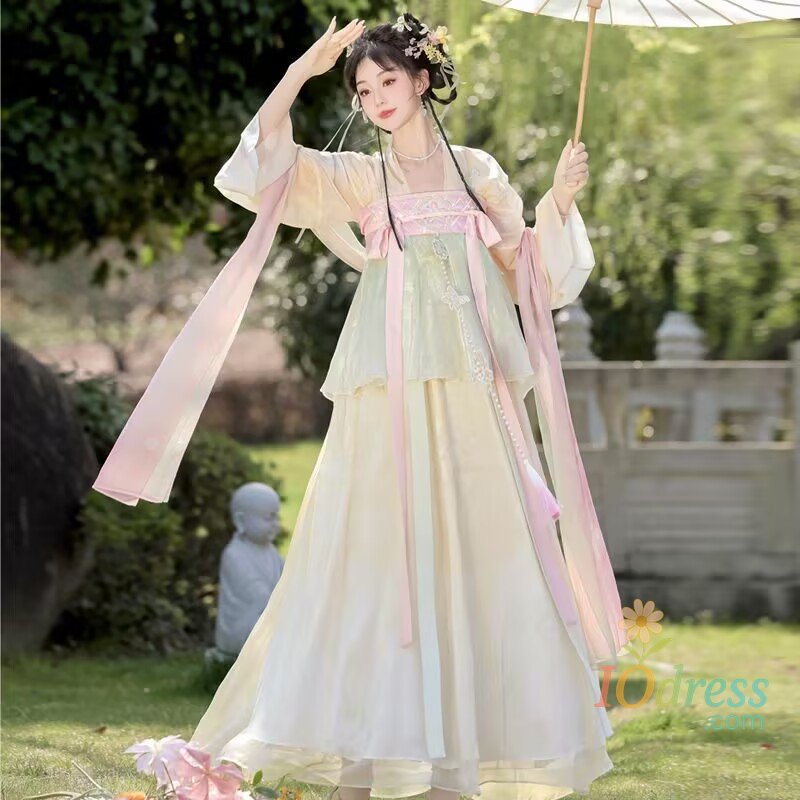 IO Dress Chinese Hanfu Dress Women Cosplay Costume Party Outfit Vintage Ancient Tang Dynasty Pink&Yellow Gradient Hanfu Dress Plus Size
