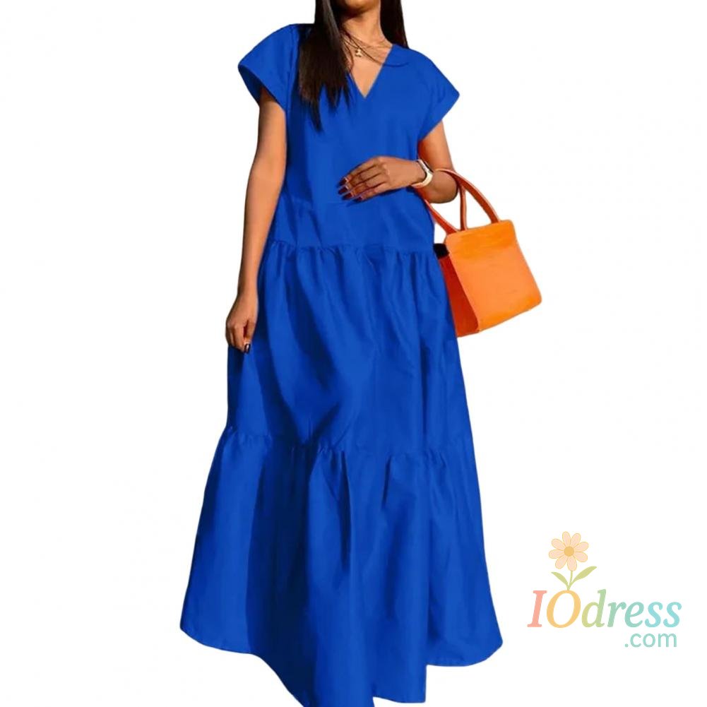 IO Dress women sundress  Loose V-neck Patchwork Short Sleeves Solid Color Beach Dress Summer Women Dress Elegant Large Hem Maxi Dress IO Dress