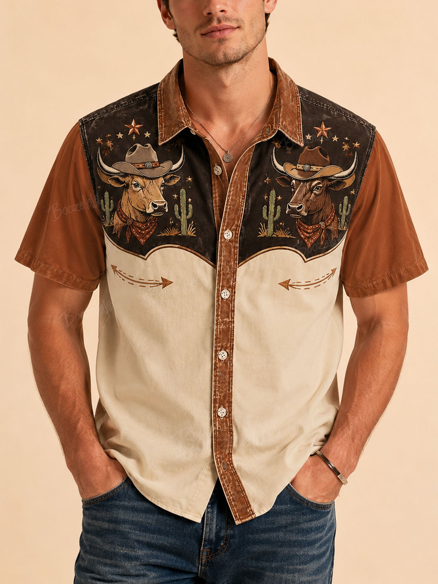 Boho Summer Music Festival &mdash; Vintage Washed Brown & Cream Western Yoke Detailed Premium Cotton Twill Shirt -100% Cotton