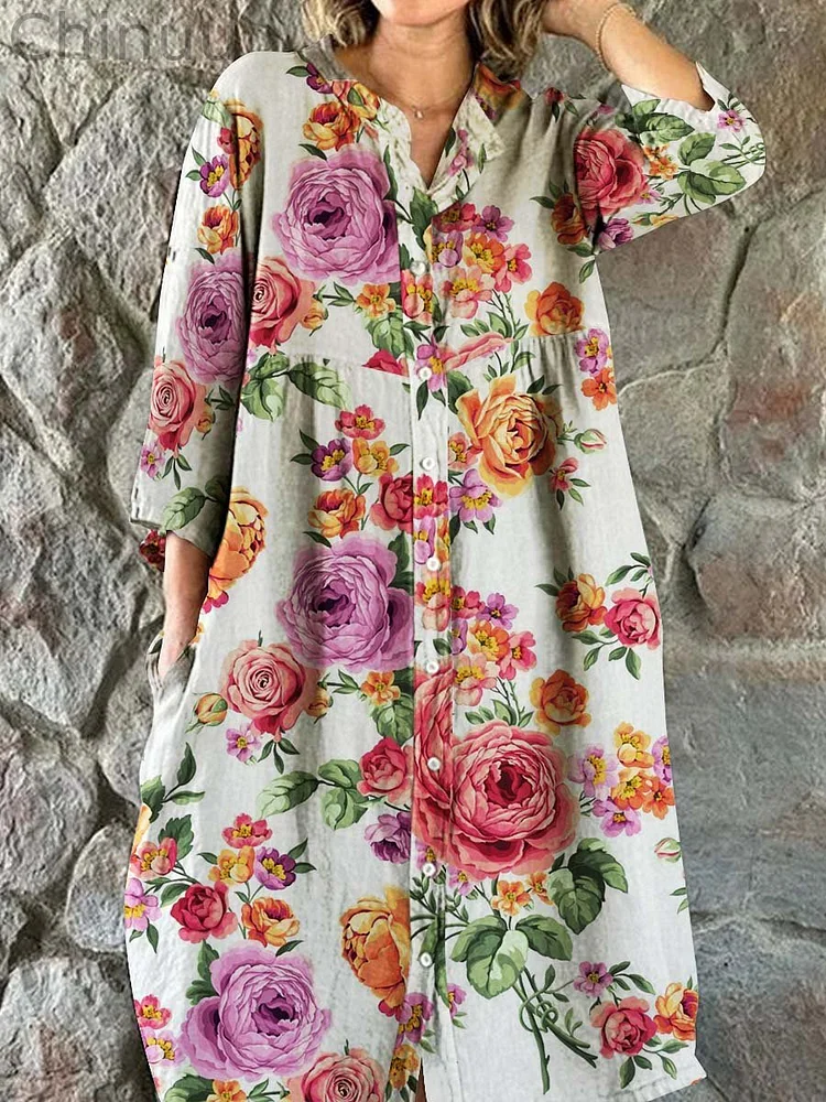 Women's Elegant Vintage Floral Print Shirt Style Cotton and Linen Dress