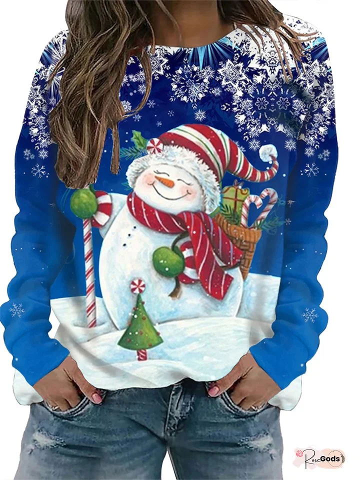 New Christmas Snowman Printing Women's Round Neck Long-sleeved Blouse