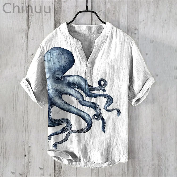 Japanese Octopus Retro Art Print V-Neck Short Sleeved Shirt