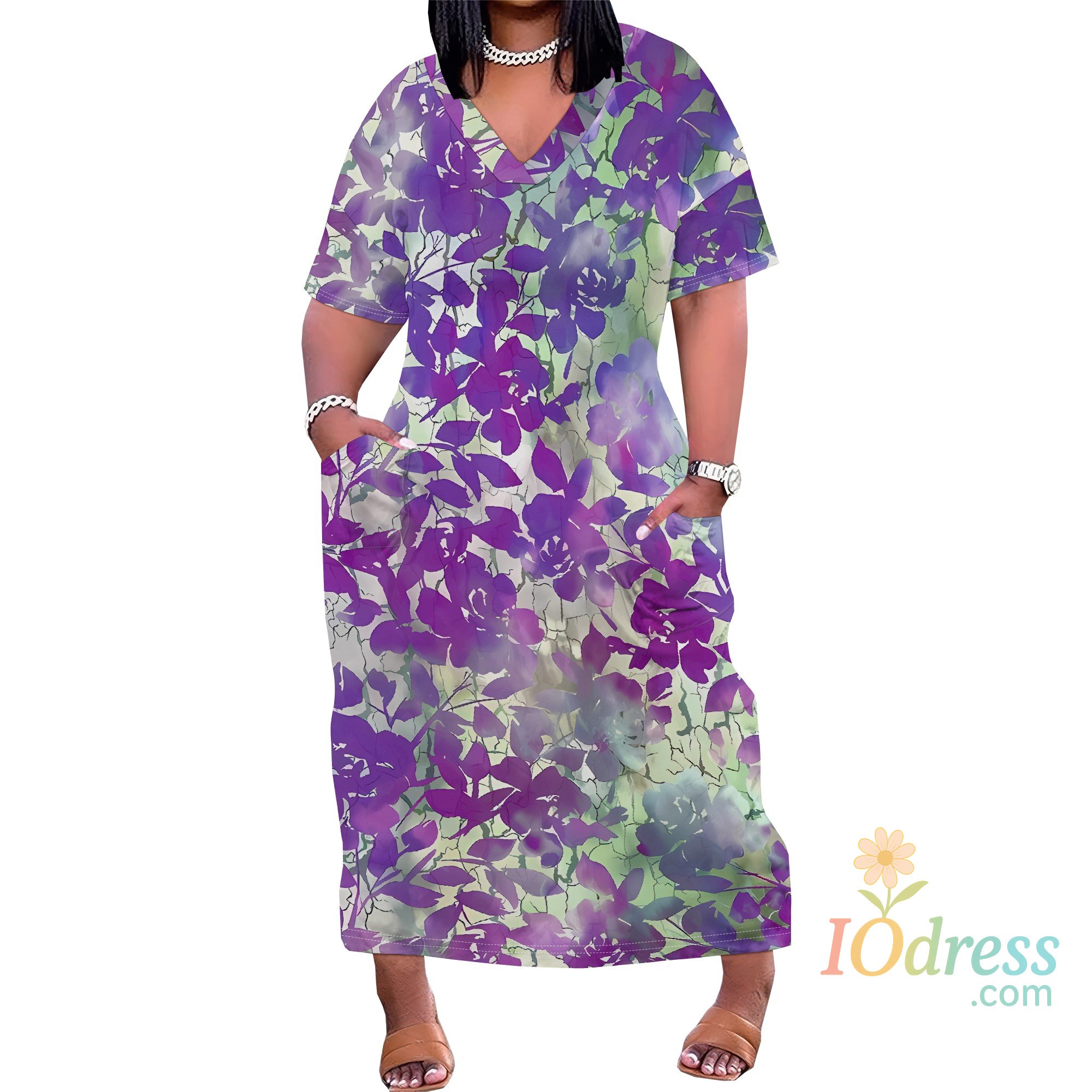 IO Dress Plus Size V Neck Dark Floral Maxi Dress Women Summer Casual Loose Fit Printed Dress with Pockets