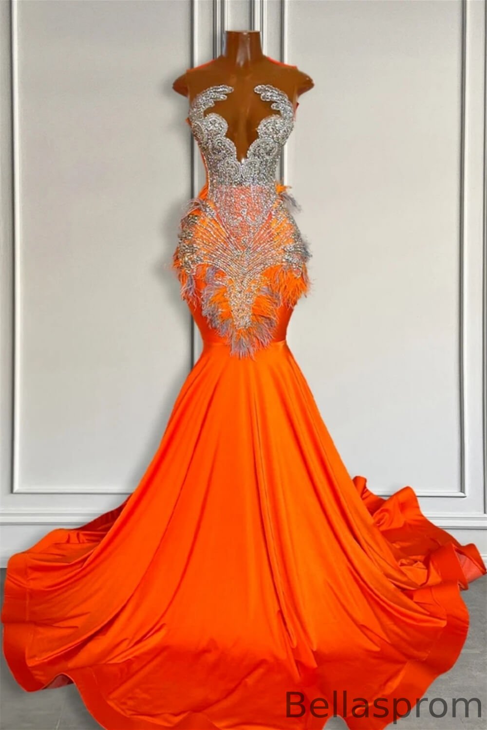 Bellasprom Orange Sleeveless Illusion Mermaid Prom Dress With Beadings Feather On Sale Bellasprom