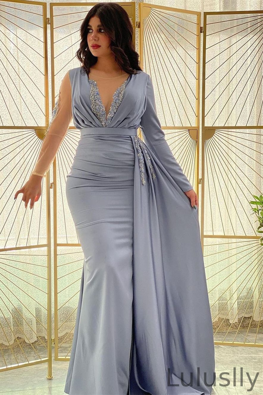 Luluslly Long Sleeves Mermaid Prom Dress Split With Ruffle