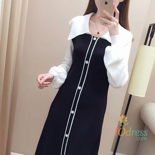 IO Dress Fake Two-piece Dress Autumn Winter New Waist Knitted Mid-length Temperament Polo Neck Sweater Skirt