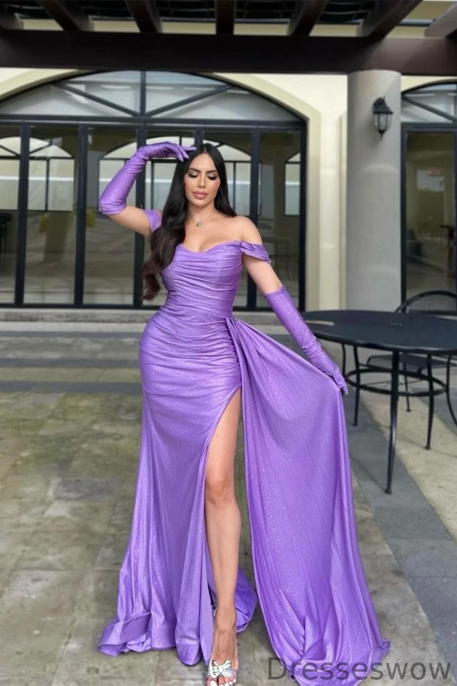 Dresseswow Lavender Off-the-Shoulder Mermaid Prom Dress With Split Ruffles Gloves
