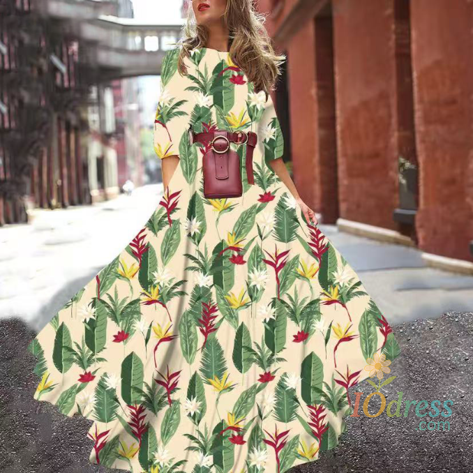 IO Dress Spring Summer Vintage Flower Floral Print Maxi Dress Office Lady Fashion Elegant Long Sleeve O-neck Dresses For Women 2024