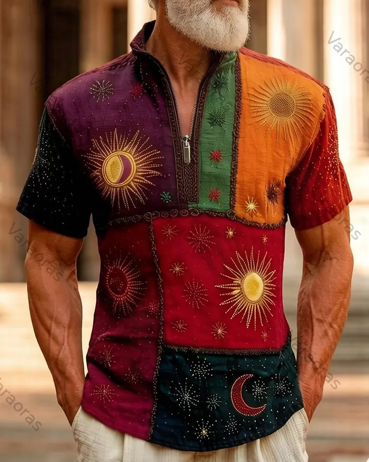 Men's Summer Fashion Star and Moon Print Embroidered Casual Linen Half-Zip Polo Shirt 8865