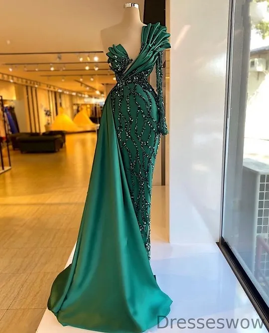 sachin and babi light blue dress Emerald Green Satin A-line Side Slit Long Evening Prom Dresses, Long S   MarryLover