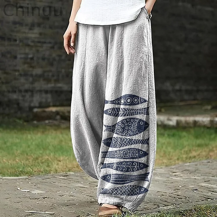 Women's Japanese Art Fish Pocket Loose Casual Pants