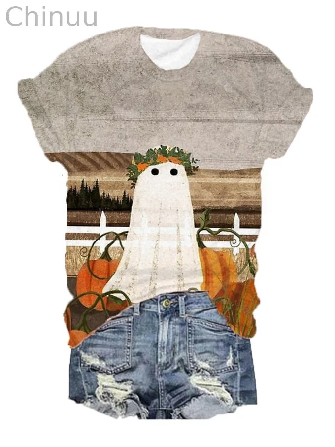 Women's Halloween Cute Pumpkin Ghost Print T-Shirt