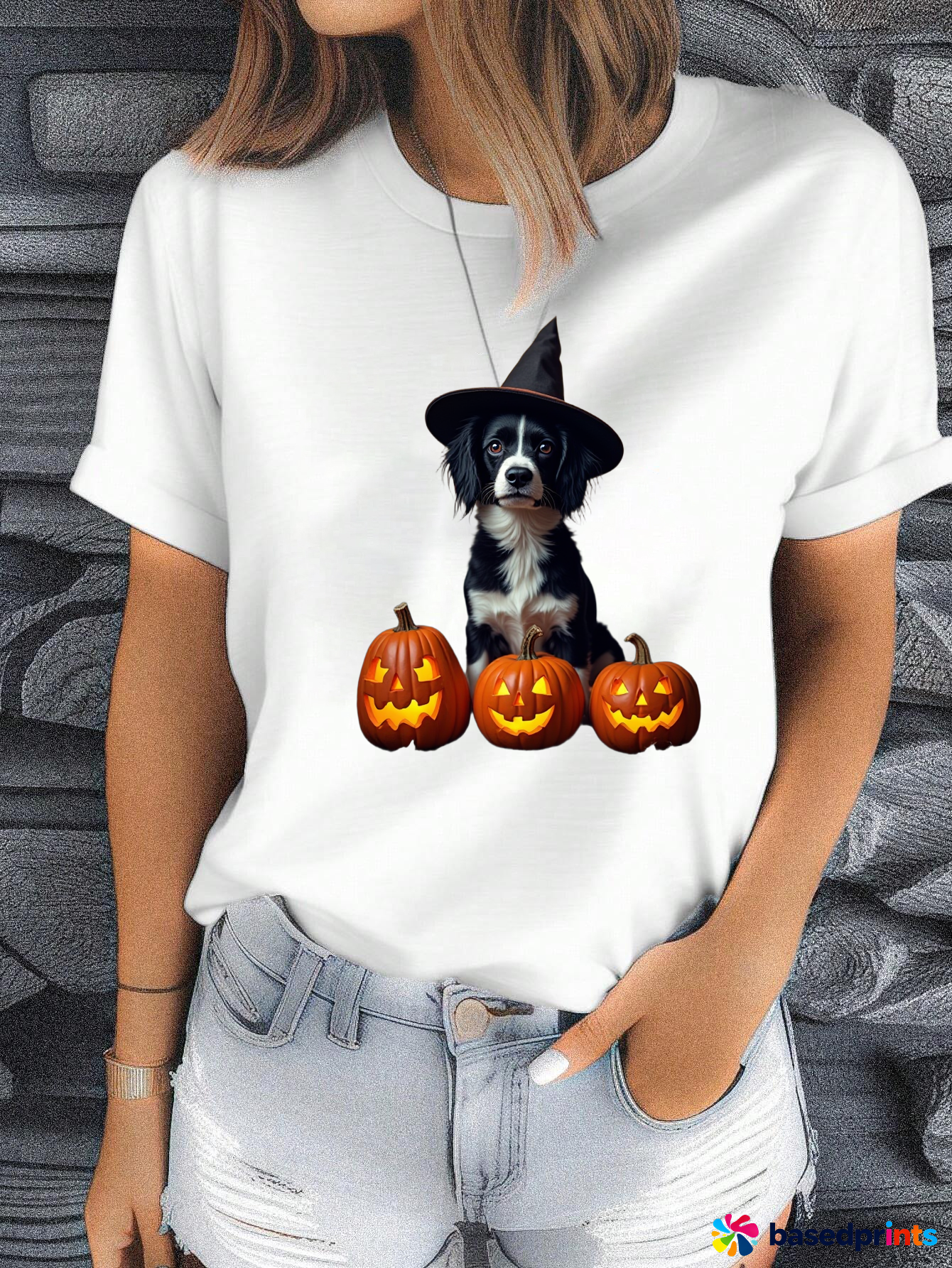Halloween Dog Pumpkin T-Shirt Women Casual Short Sleeve Tops