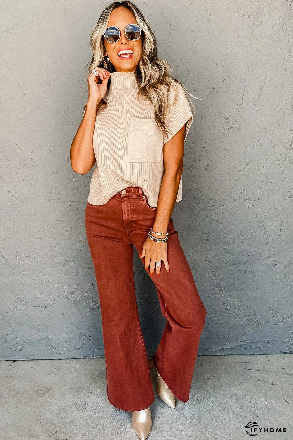 Oatmeal Patch Pocket Ribbed Knit Short Sleeve Sweater | IFYHOME