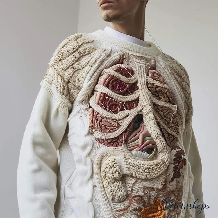 Men's Vintage Anatomical Knit Jacquard Crew Neck Sweater