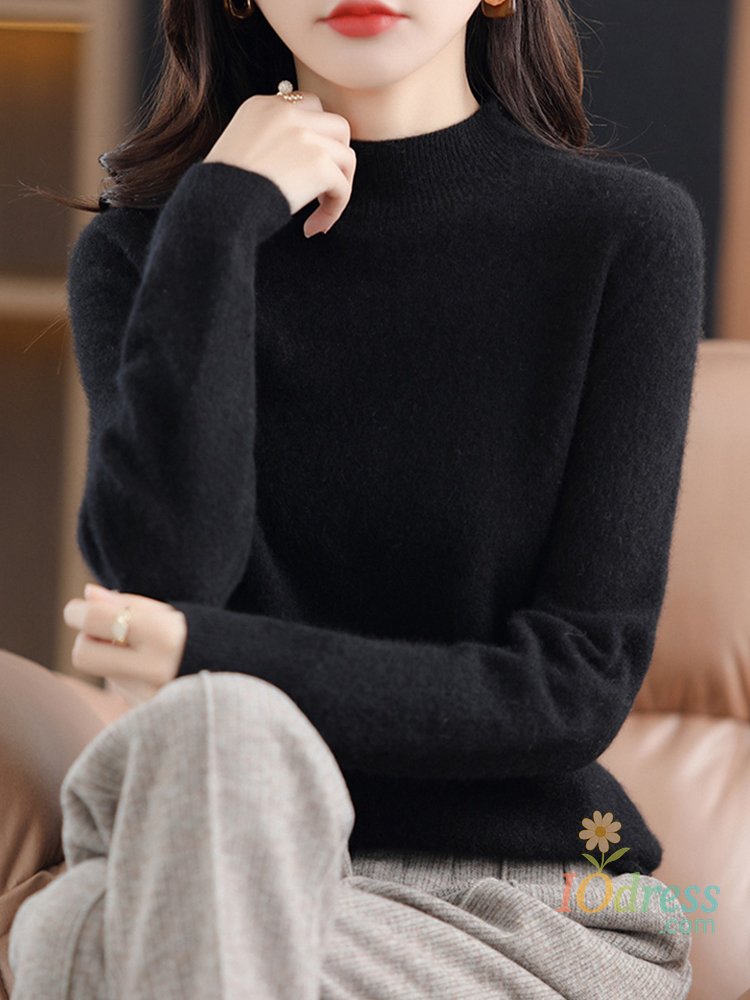 IO Dress First-Line Seamless Women's Half-Turtleneck 100% Pure Wool Sweater Solid Color Long Sleeve Pullover Knitted Bottoming Sweater