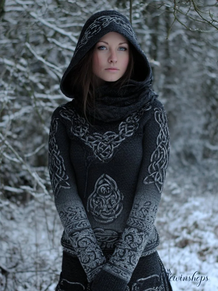 Viking Style Celtic Knot Gradually Changing Color Warm Hooded Sweater