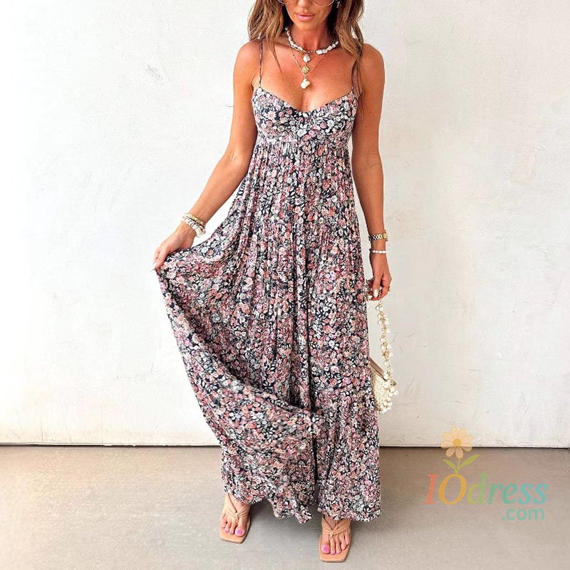 IO Dress Elegant Off Shoulder Hollow Suspenders Dress Women Fashion Floral Print Big Swing Party Dress Sexy Sleeveless Pleated Long Dress IO Dress