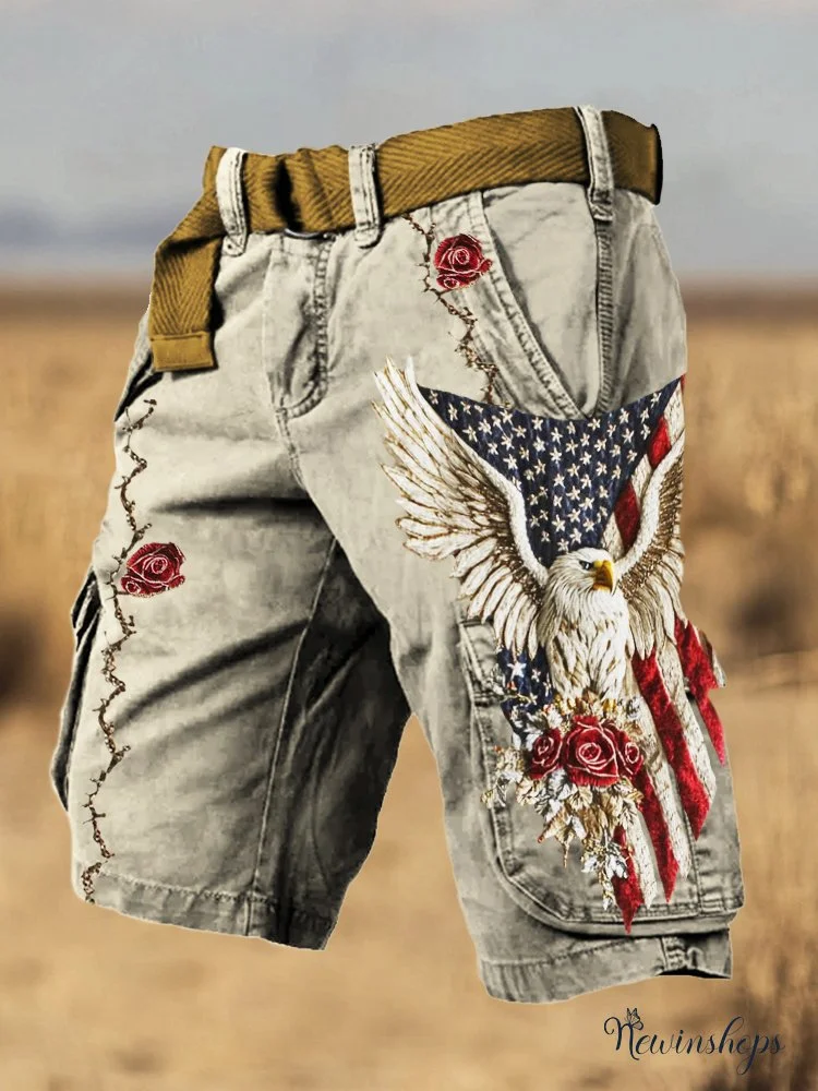 Western Style Flag & Bald Eagle Embroidered Men's Shorts