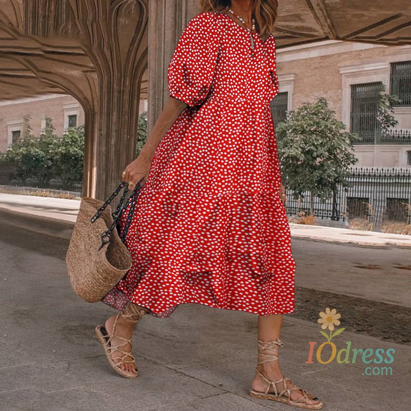 IO Dress 2024 Summer New Women's Print Dress Puff Short Sleeves Ruffles Loose A-line Midi Dresses Fashion Casual Beach Vacation Vestidos