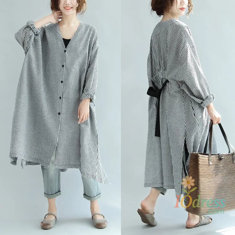 IO Dress Plus Size Spring Korean Style Plaid Dress For Plus Size Women Loose Fit Waist-Length V-Neck Open Button Slimming Medium Lengt...