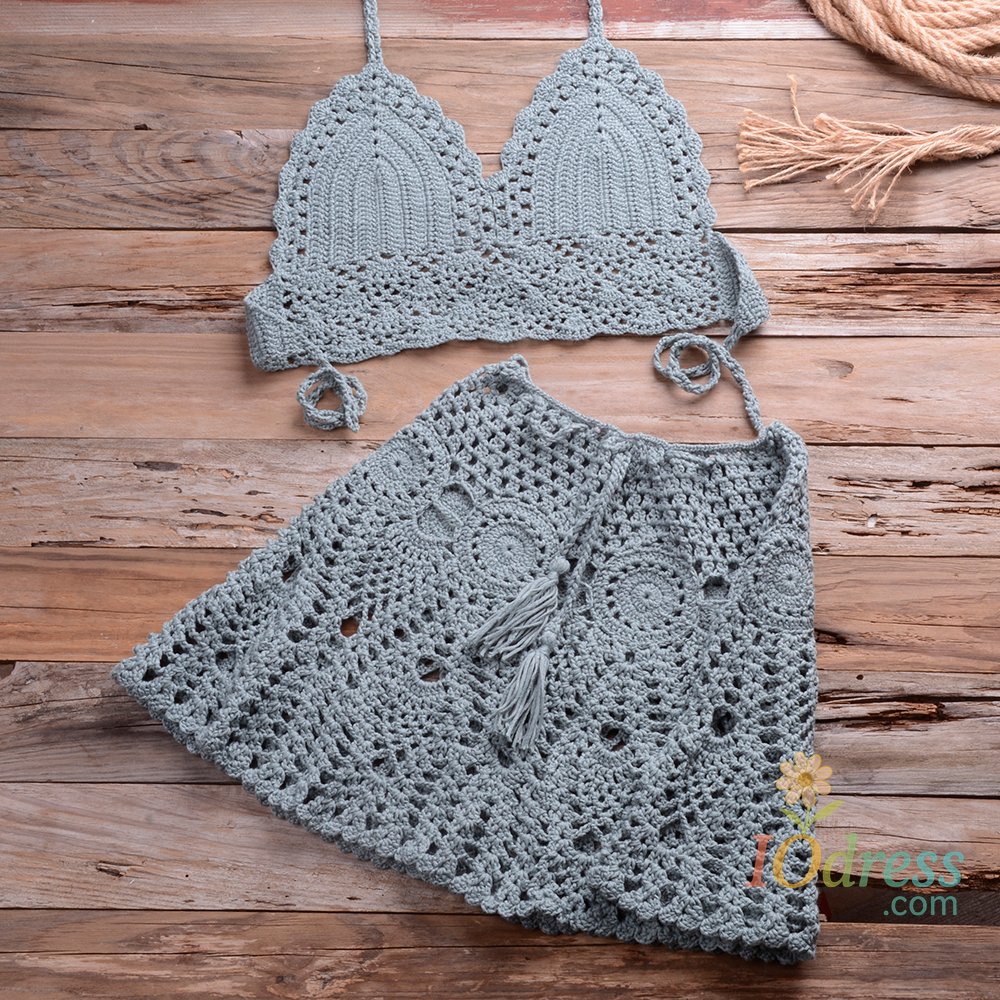 IO Dress CROCHET BIKINI Two-piece Crochet Women Bikini Set Cover Up Swimsuit Swim Skirt Swimwear Bathing Swimdress Beachwear