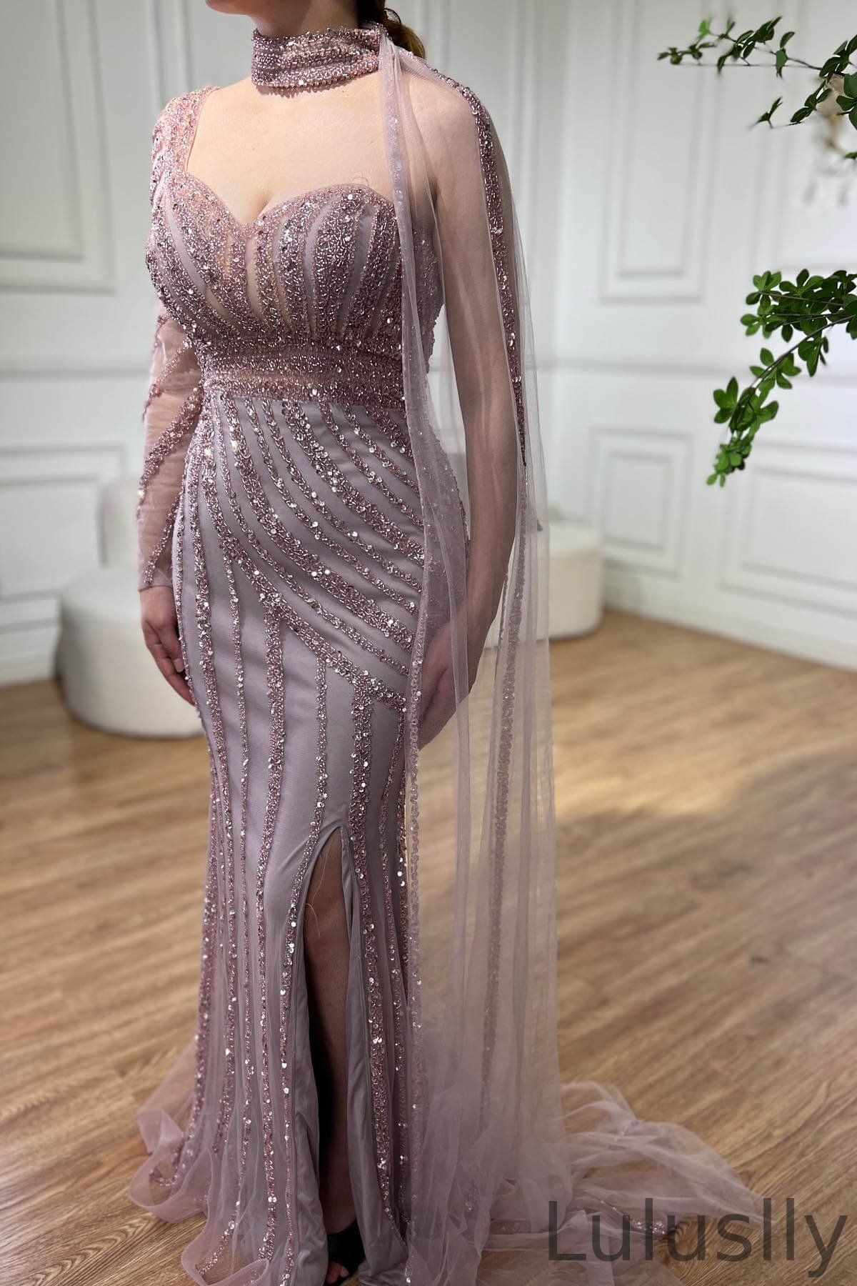 Luluslly Wisteria Sweetheart One Shoulder Mermaid Formal Prom Dresses With Split Beadings Long Sleeve