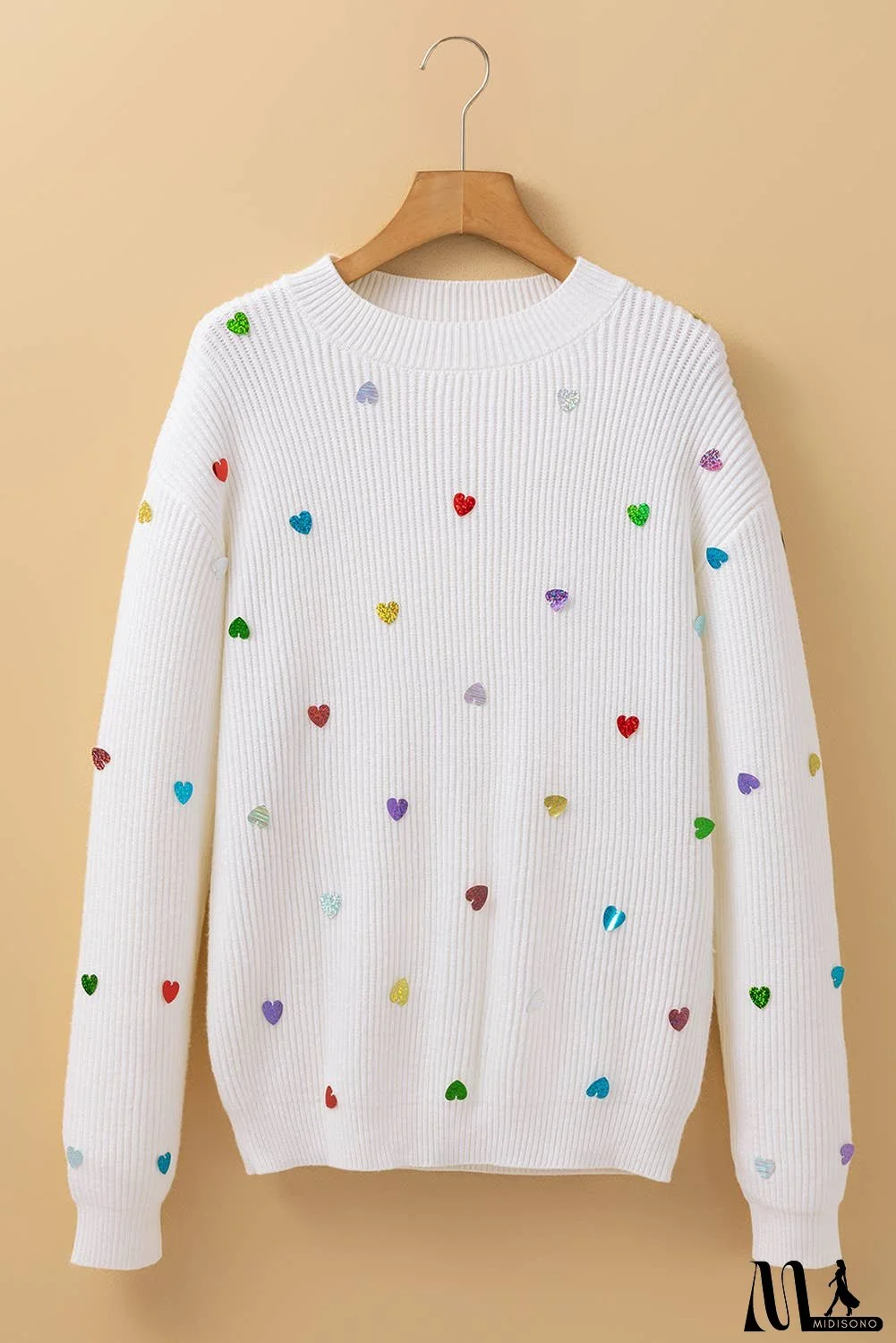 Sequin Heart Shape Waffle Knit Round Neck Sweater