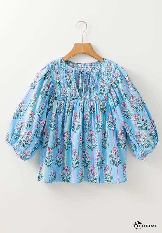 Smocked Floral Print Tie Neck Blouse | IFYHOME