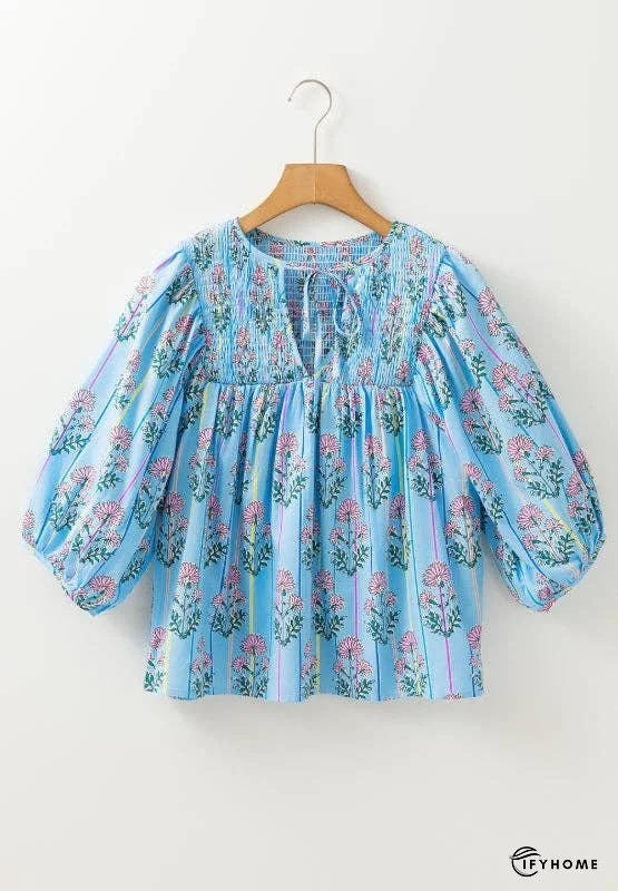 Smocked Floral Print Tie Neck Blouse | IFYHOME
